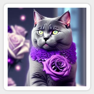 British Shorthair Enjoys Purple Roses Sticker